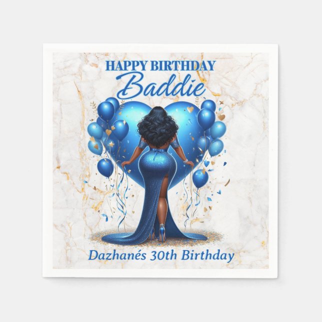 Servilleta De Papel Brillante mujer afroamericana Blue Glam Cumpleaños (Anverso)