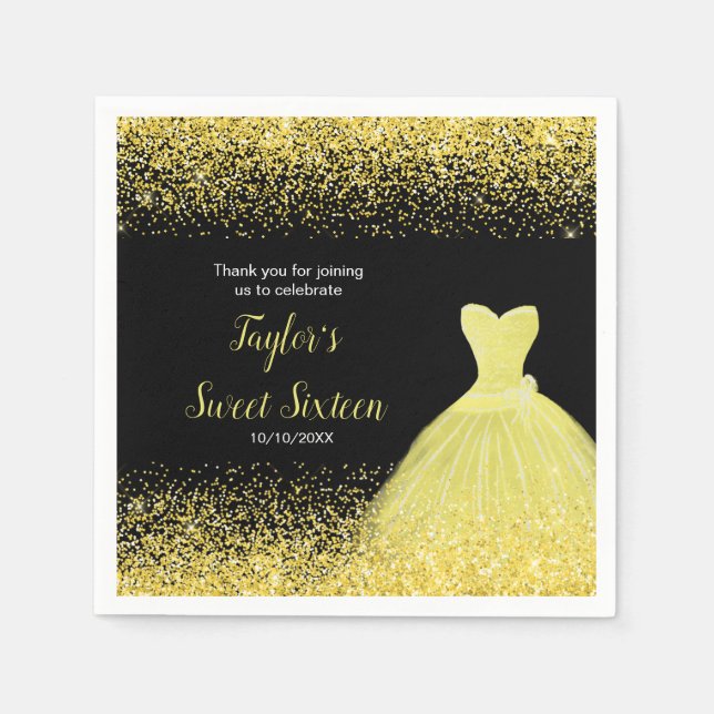 Servilleta De Papel Brillante Vestido Amarillo Faux Purpurina Dulce 16 (Anverso)