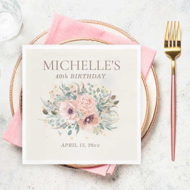 Servilleta De Papel Brillo de Foliaje Floral Rosa Cumpleaños 40 (Blush pink floral and sage green leaves birthday party paper napkins)