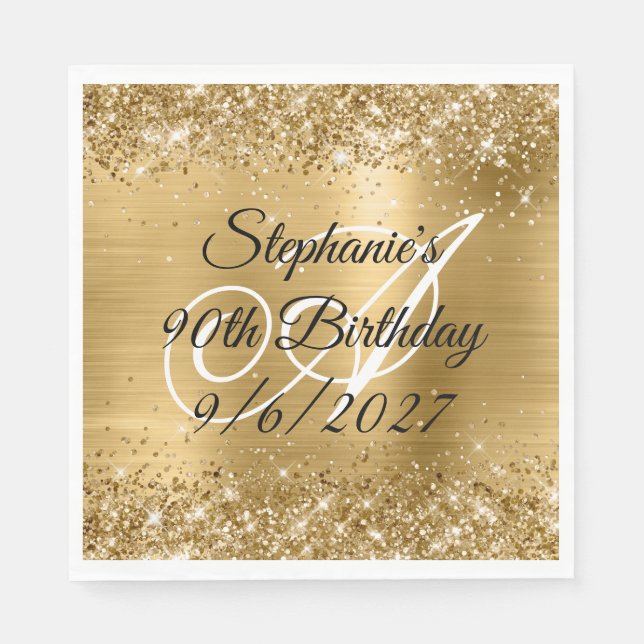 Servilleta De Papel Brillo de Oro Falso y Holográfico Cumpleaños 90 (Anverso)
