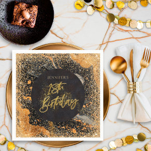 Servilleta De Papel Brillo Elegante Cumpleaños 18 Negro y Dorado