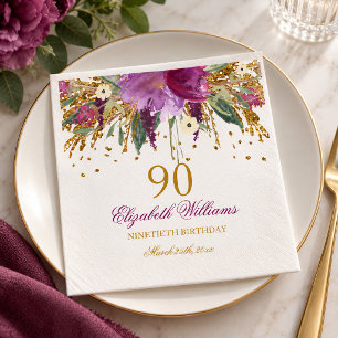 Servilleta De Papel Brillo Floral Amethyst Despedida 90 Cumpleaños