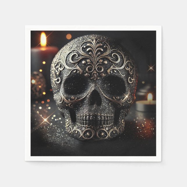Servilleta De Papel Brillo Negro Glam Sparkle Calavera Gótico  (Anverso)