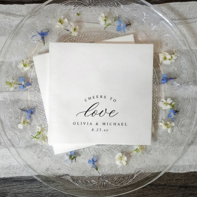 Servilleta De Papel Brindis Elegantes al Amor Dinero Antiguo Boda Clás (Black and white wedding cocktail napkins with cheers to love in elegant calligraphy)