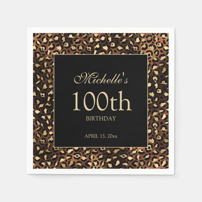 Servilleta De Papel Bronce Dorado Leopardo Guepardo Cumpleaños 100 (Anverso)