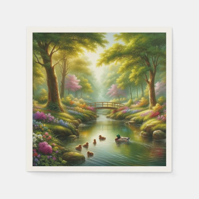 Servilleta De Papel Brook de primavera con patos/flores (Anverso)