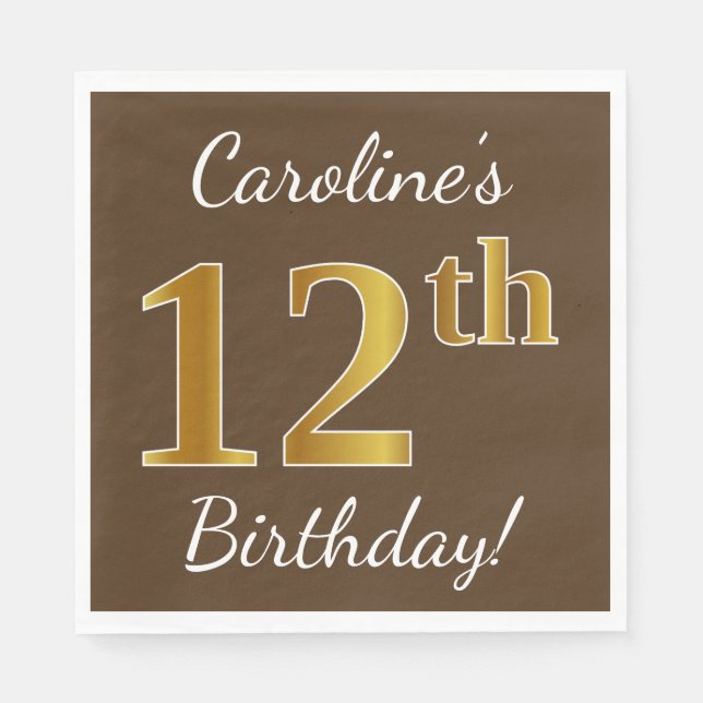 Servilleta De Papel Brown, Faux Gold 12th Birthday + Custom Name (Anverso)