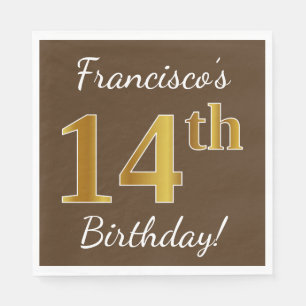 Servilleta De Papel Brown, Faux Gold 14th Birthday + Custom Name