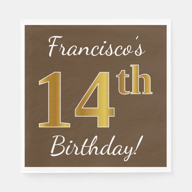 Servilleta De Papel Brown, Faux Gold 14th Birthday + Custom Name (Anverso)