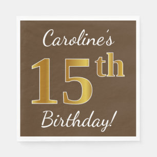 Servilleta De Papel Brown, Faux Gold 15th Birthday + Custom Name