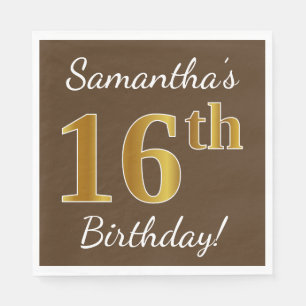Servilleta De Papel Brown, Faux Gold 16th Birthday + Custom Name