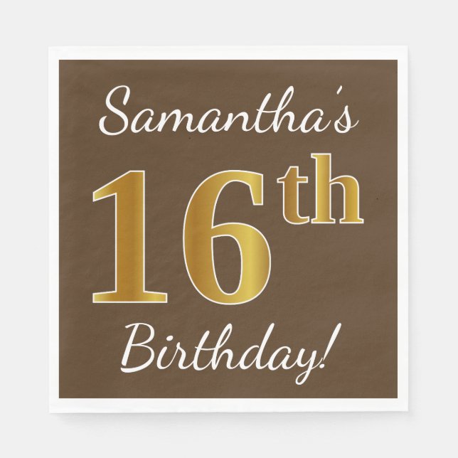 Servilleta De Papel Brown, Faux Gold 16th Birthday + Custom Name (Anverso)