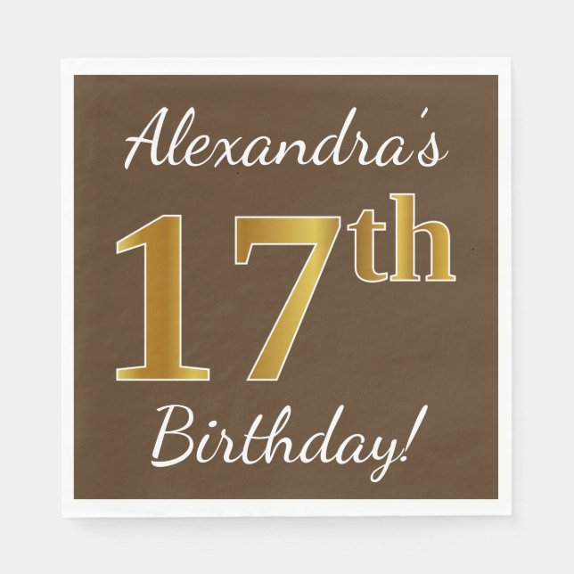 Servilleta De Papel Brown, Faux Gold 17th Birthday + Custom Name (Anverso)