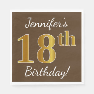 Servilleta De Papel Brown, Faux Gold 18th Birthday + Custom Name