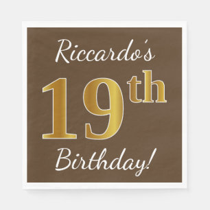 Servilleta De Papel Brown, Faux Gold 19th Birthday + Custom Name