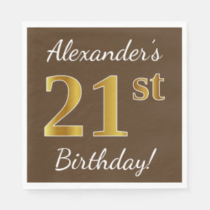 Servilleta De Papel Brown, Faux Gold 21st Birthday + Nombre personaliz