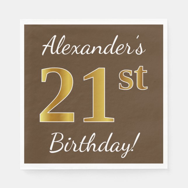 Servilleta De Papel Brown, Faux Gold 21st Birthday + Nombre personaliz (Anverso)