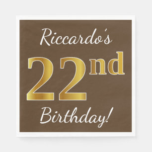 Servilleta De Papel Brown, Faux Gold 22nd Birthday + Nombre personaliz