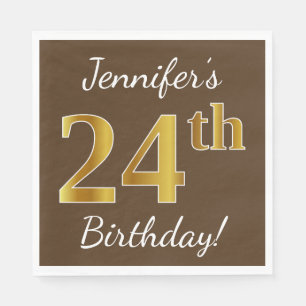 Servilleta De Papel Brown, Faux Gold 24th Birthday + Custom Name