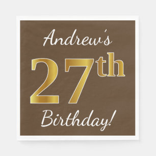 Servilleta De Papel Brown, Faux Gold 27th Birthday + Custom Name