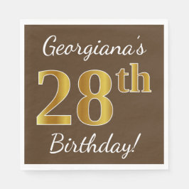 Servilleta De Papel Brown, Faux Gold 28th Birthday + Custom Name