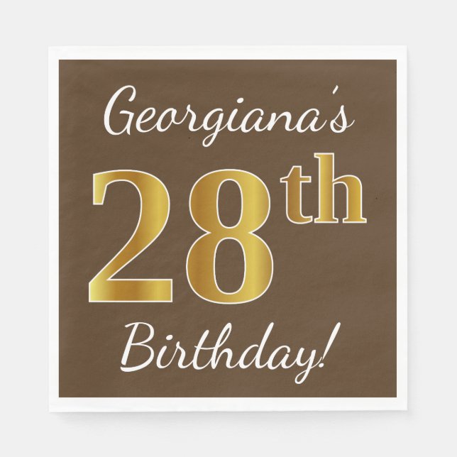 Servilleta De Papel Brown, Faux Gold 28th Birthday + Custom Name (Anverso)