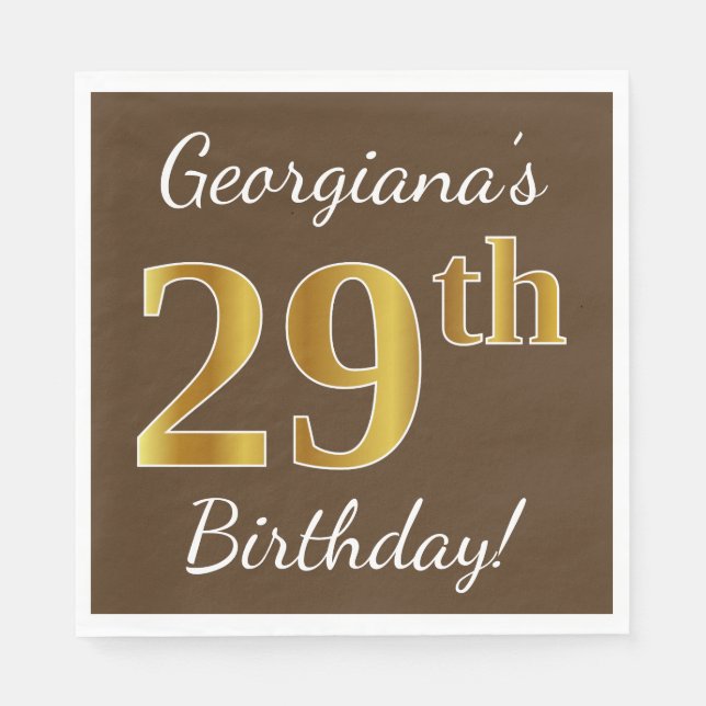 Servilleta De Papel Brown, Faux Gold 29th Birthday + Custom Name (Anverso)