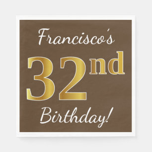 Servilleta De Papel Brown, Faux Gold 32nd Birthday + Nombre personaliz