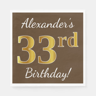 Servilleta De Papel Brown, Faux Gold 33rd Birthday + Custom Name