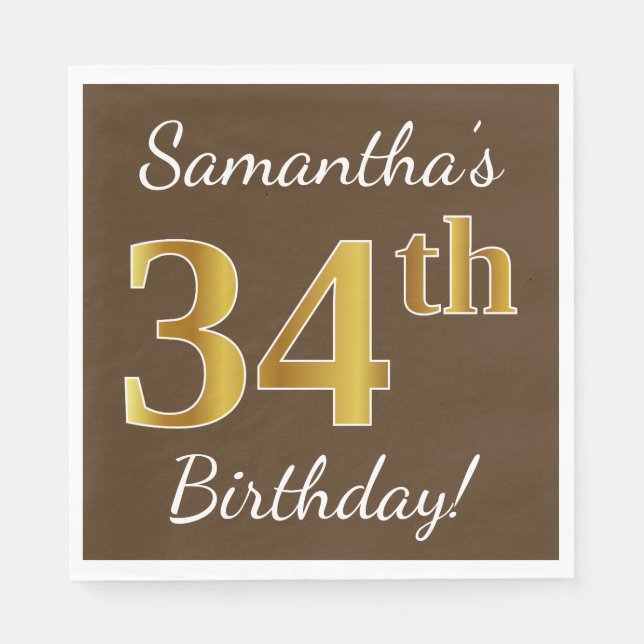 Servilleta De Papel Brown, Faux Gold 34th Birthday + Custom Name (Anverso)