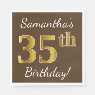 Servilleta De Papel Brown, Faux Gold 35th Birthday + Custom Name