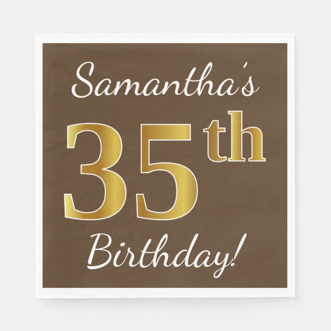 Servilleta De Papel Brown, Faux Gold 35th Birthday + Custom Name (Anverso)