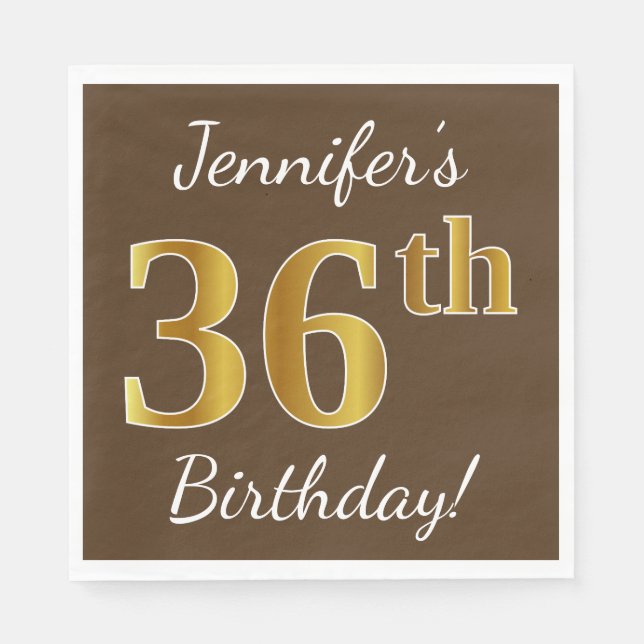 Servilleta De Papel Brown, Faux Gold 36th Birthday + Custom Name (Anverso)