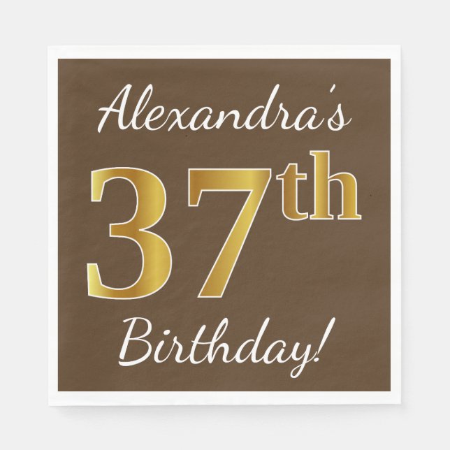 Servilleta De Papel Brown, Faux Gold 37th Birthday + Custom Name (Anverso)