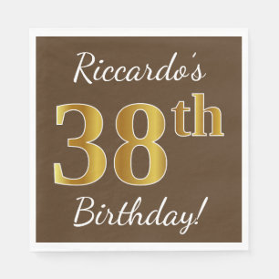 Servilleta De Papel Brown, Faux Gold 38th Birthday + Custom Name