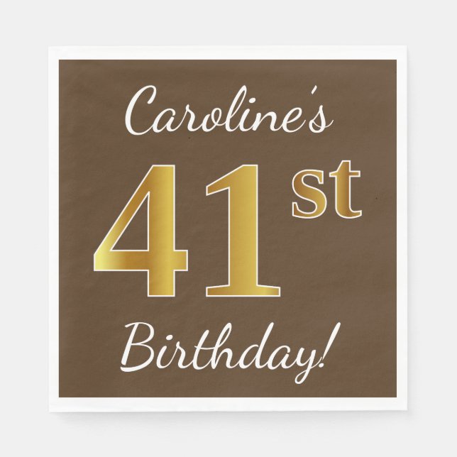 Servilleta De Papel Brown, Faux Gold 41st Birthday + Custom Name (Anverso)