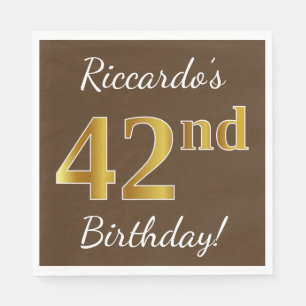 Servilleta De Papel Brown, Faux Gold 42nd Birthday + Nombre personaliz