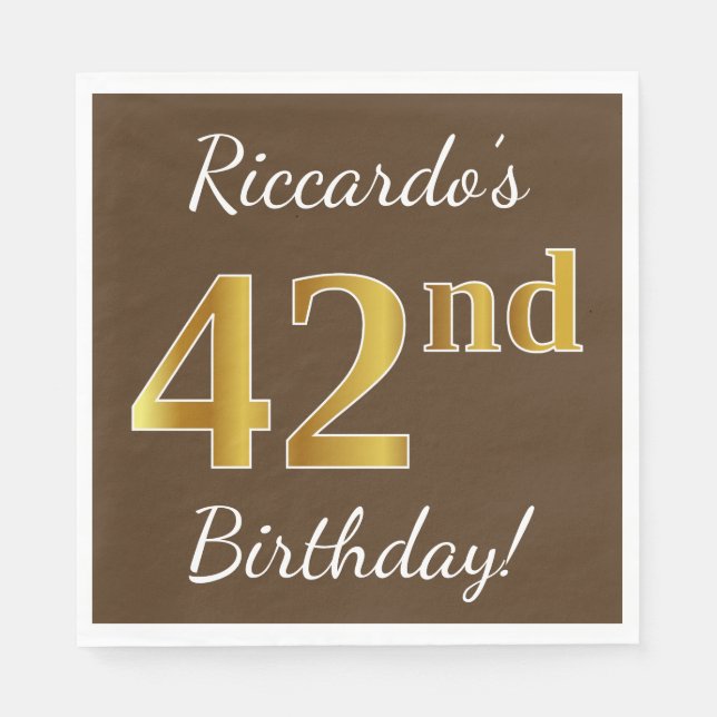 Servilleta De Papel Brown, Faux Gold 42nd Birthday + Nombre personaliz (Anverso)