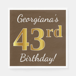 Servilleta De Papel Brown, Faux Gold 43rd Birthday + Custom Name