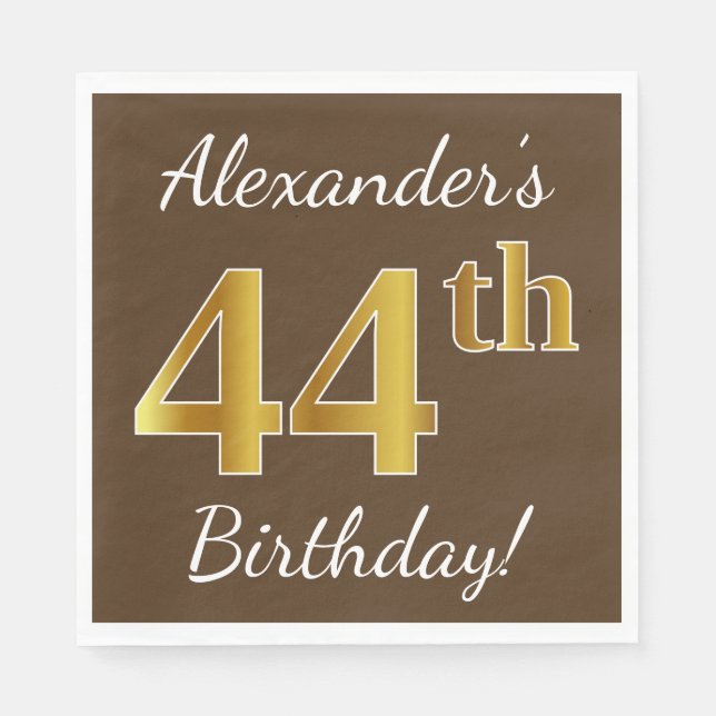 Servilleta De Papel Brown, Faux Gold 44th Birthday + Custom Name (Anverso)