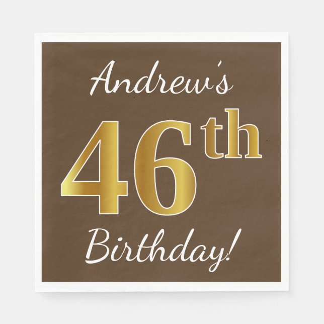 Servilleta De Papel Brown, Faux Gold 46th Birthday + Custom Name (Anverso)
