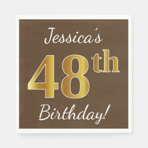 Servilleta De Papel Brown, Faux Gold 48th Birthday + Custom Name