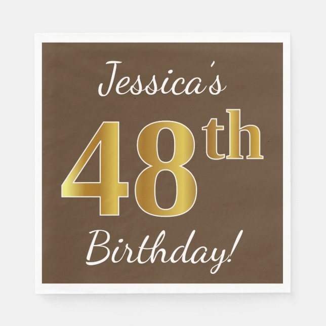 Servilleta De Papel Brown, Faux Gold 48th Birthday + Custom Name (Anverso)