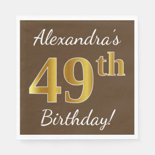 Servilleta De Papel Brown, Faux Gold 49th Birthday + Custom Name