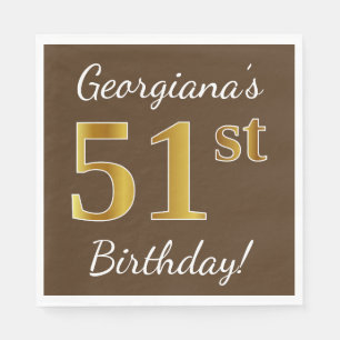 Servilleta De Papel Brown, Faux Gold 51st Birthday + Nombre personaliz