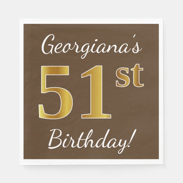 Servilleta De Papel Brown, Faux Gold 51st Birthday + Nombre personaliz (Anverso)