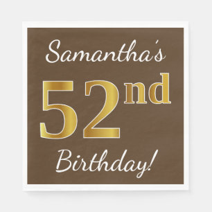 Servilleta De Papel Brown, Faux Gold 52nd Birthday + Nombre personaliz