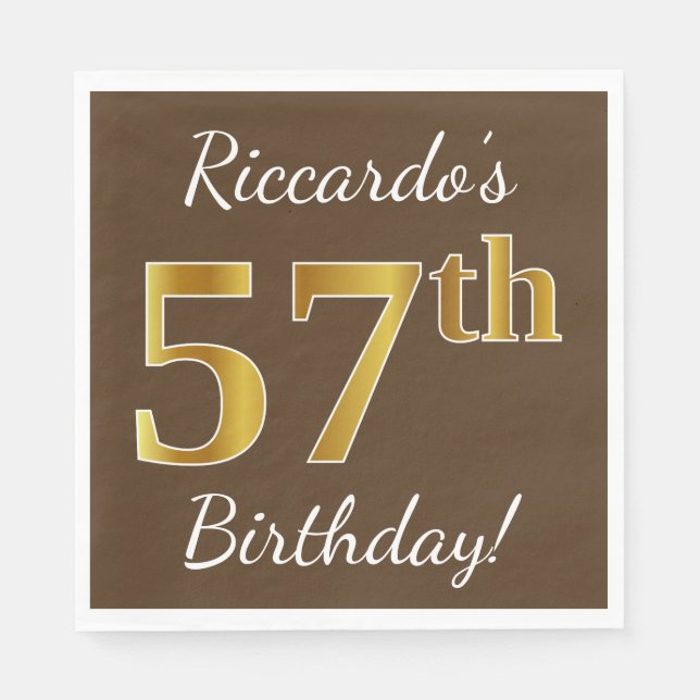 Servilleta De Papel Brown, Faux Gold 57th Birthday + Custom Name (Anverso)
