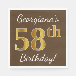 Servilleta De Papel Brown, Faux Gold 58th Birthday + Custom Name