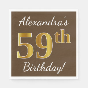 Servilleta De Papel Brown, Faux Gold 59th Birthday + Custom Name
